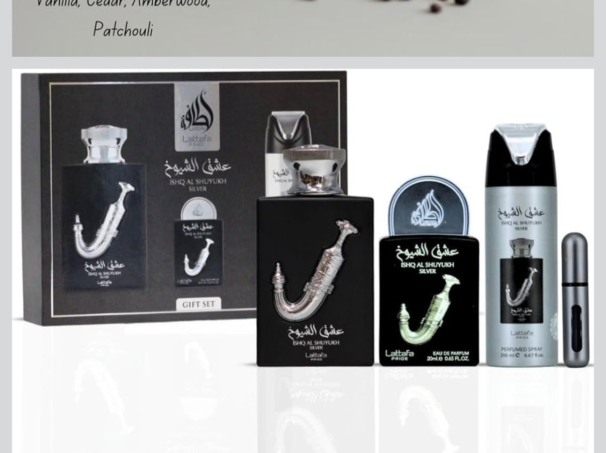 Ishq Al Shuyukh Silver 3Pc Gift Set EDP Perfume By Lattafa Pride
